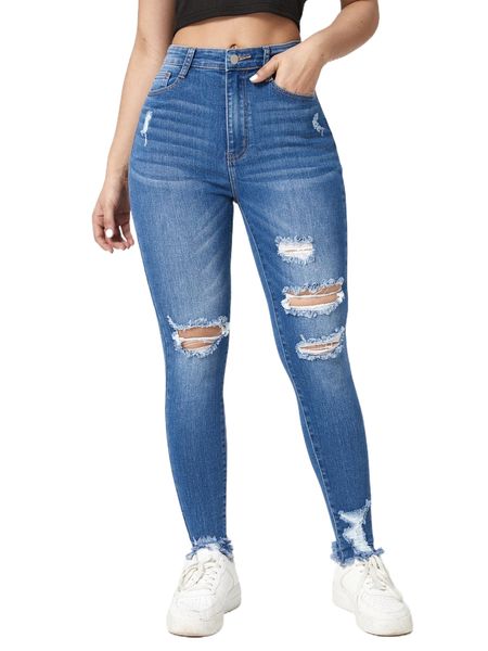 

ripped raw hem skinny jeans m0tq#, Blue