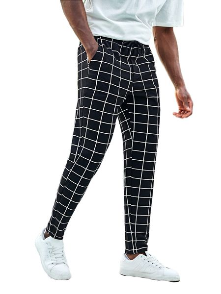 

men windowpane print drawstring waist tapered pants p0wx#, Black