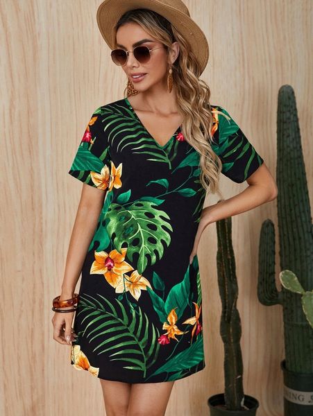 

tropical print tunic dress l56k#, Black;gray