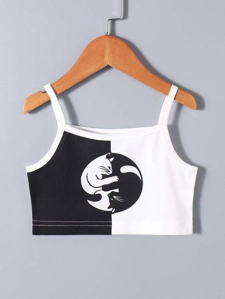

toddler girls cat yin & yang print crop cami she, Blue
