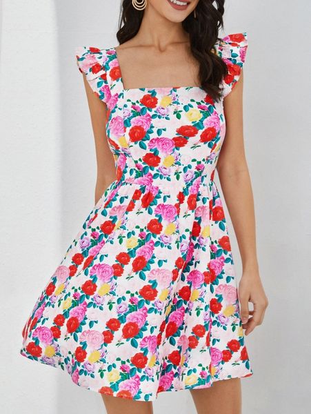 

allover floral print ruffle armhole dress d4ur#, Black;gray
