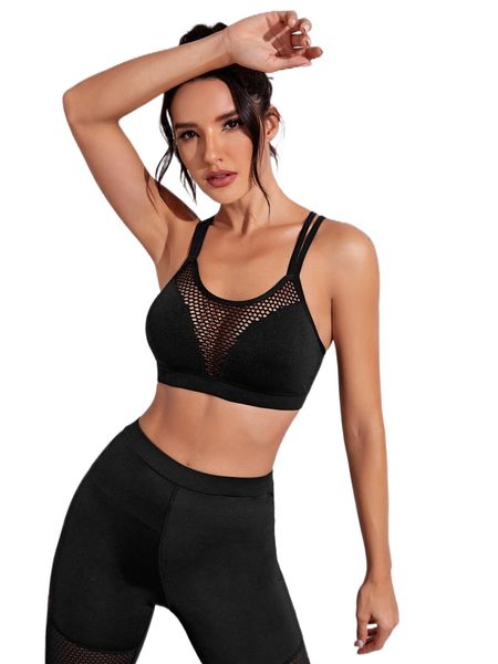 

criss cross back fishnet sports bra e2g2#, Gray
