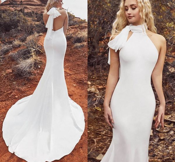 Sexy affascinante sirena abiti da sposa con fiocco sciarpa semplice raso scollo all'americana backless abiti da sposa estate vestido de novia 2023 nuovo