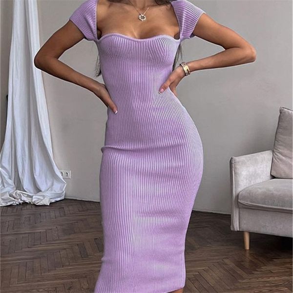 

liooil knit corset dress women robe short sleeve square neck purple green ribbed bodycon midi dresses summer vestidos 220418, Black;gray