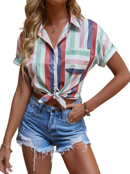 

block striped batwing sleeve patched pocket blouse f9dp#, White