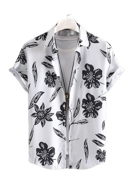 

men 1pc random floral print shirt h545#, White;black