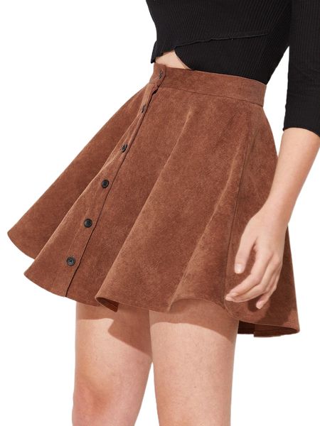 

button up flare cord skirt v2ul#, Black