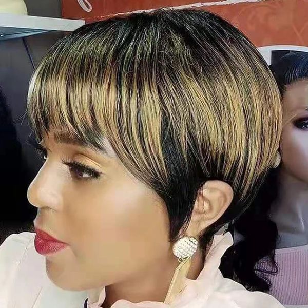 

short honey blonde ombre color brazilian hair bob wig with bangs pixie cut straight machine made human hair wigs for women 1b27, Black;brown