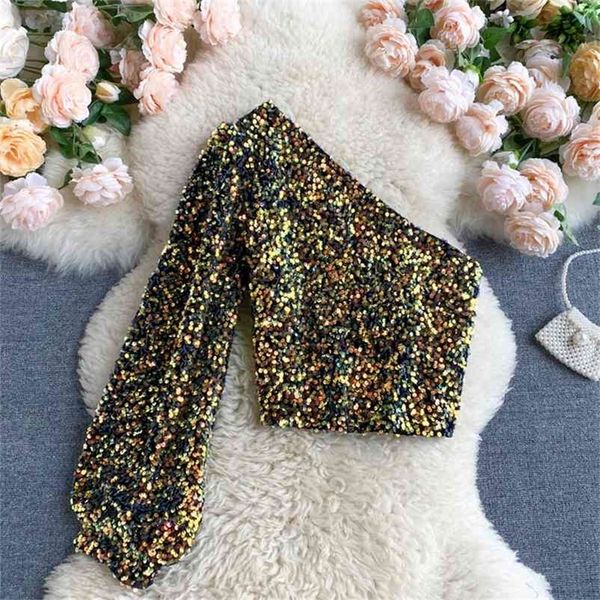 

skew collar sequin elegant club party short blouse women puff sleeve shining bling golden/blue shirt fashion 210412, White