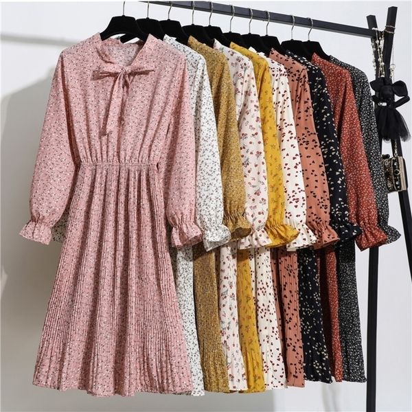 

spring summer women chiffon dress female printed floral long sleeve elastic waist vintage casual pleated dress vestidos y200805, Black;pink