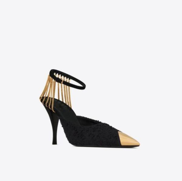 

2022 vesper sandals women blended tweed open heel shallow mouth designer high heels slingback pumps leather metal toe cap comfort walking ev, Black