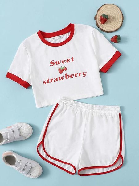 

girls letter graphic ringer tee and dolphin shorts set she, White