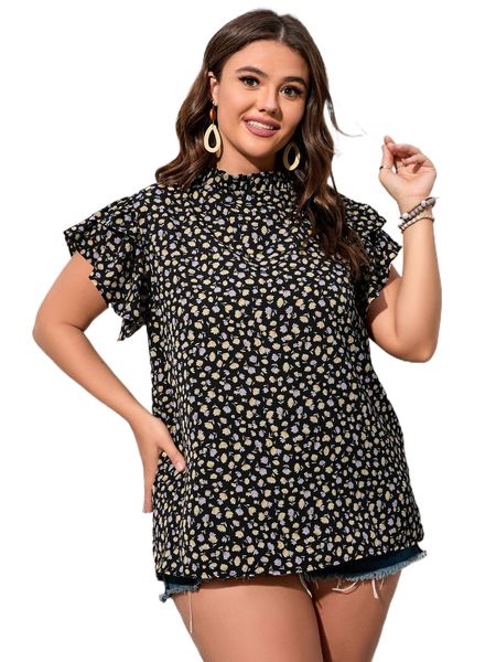 

plus ditsy floral mock neck blouse b1ro#, Black