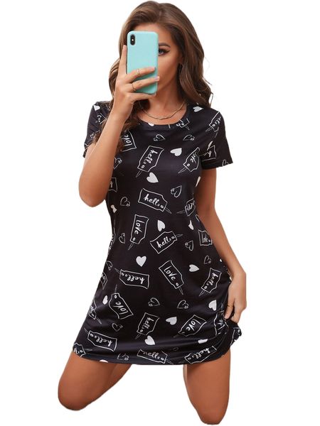 

heart & letter graphic sleep dress c4nl#, Black;red