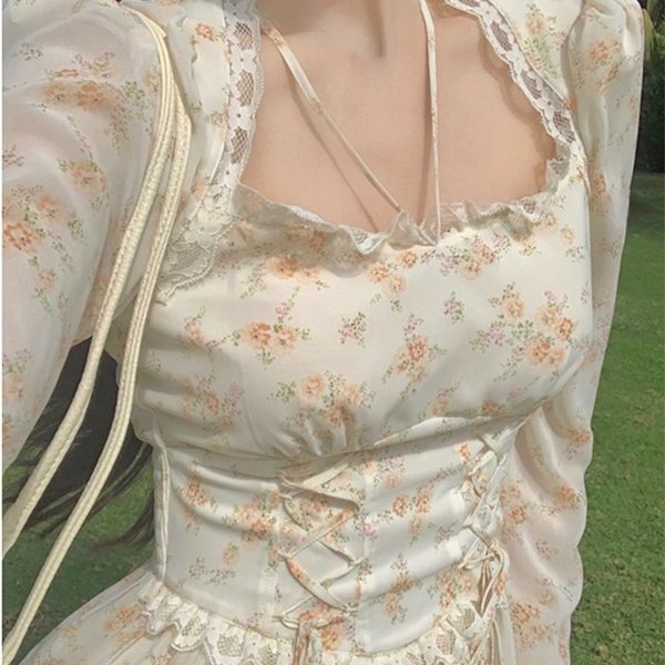 

summer elegant y2k midi dress women casual lace korean sweet vintage floral party female long sleeve 220504, Black;gray