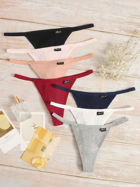 

7pack plain rib thong panty set b0at#, Black;red