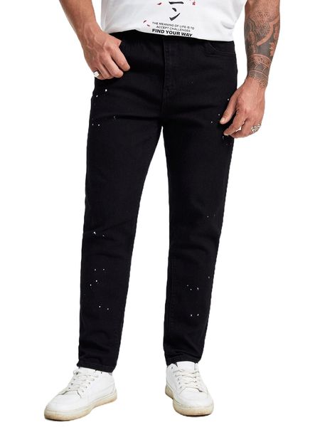 

extended sizes men splash ink print tapered jeans j2nf#, Blue