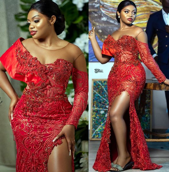 

2022 plus size arabic aso ebi red mermaid luxurious prom dresses sheer neck lace evening formal party second reception birthday engagement g, Black