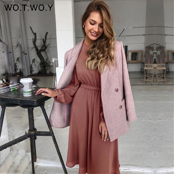 

wotwoy office lady long sleeves dress women 2020 elegant sashes button lady s dress mid calf length woman dress spring summer lj200820, Black;gray
