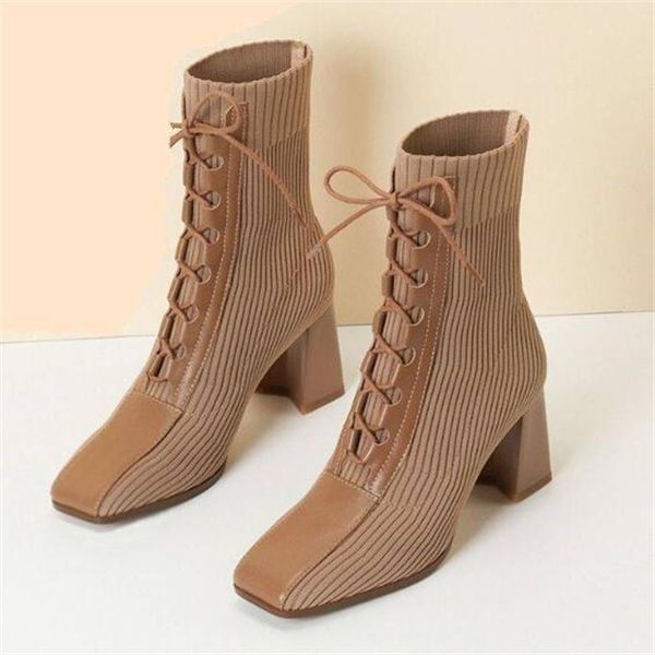 

fashion women martin boots stitching knitted elastic stockings boots high-heeled short boot autumn winter square toe women's shoes, Black