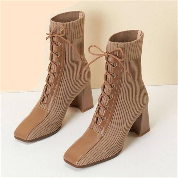 Moda Mulheres Martin Botas Queda de Malha Meias Elásticas Botas High-Heeled Curto Boot Outono Inverno Quadrado Toe Sapatos Femininos