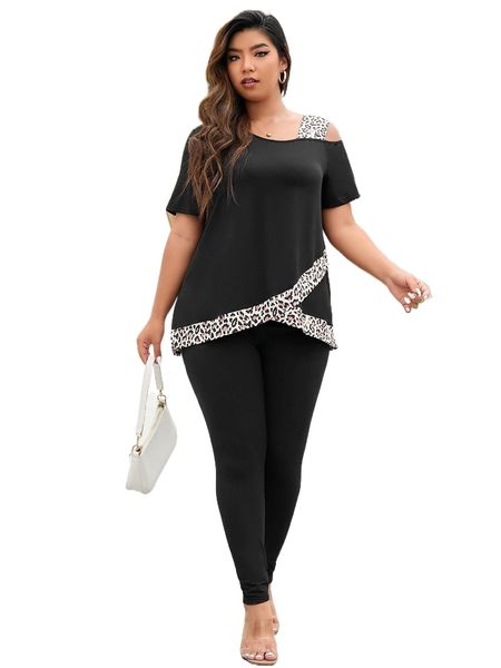 

plus leopard asymmetrical neck tee & pants z3p5#, Black