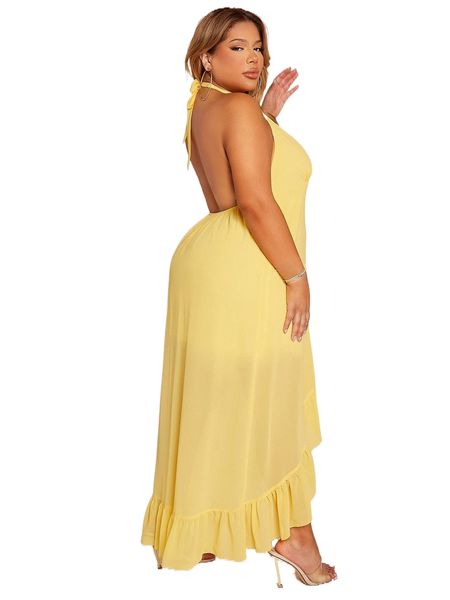 

sxy plus halter neck backless ruffle asymmetrical hem dress e6qe#, Black