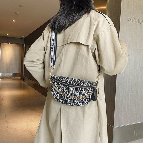 

waist bag women's fashion 2022 new one shoulder messenger canvas strap versatile embroidery handbag chain cross bags