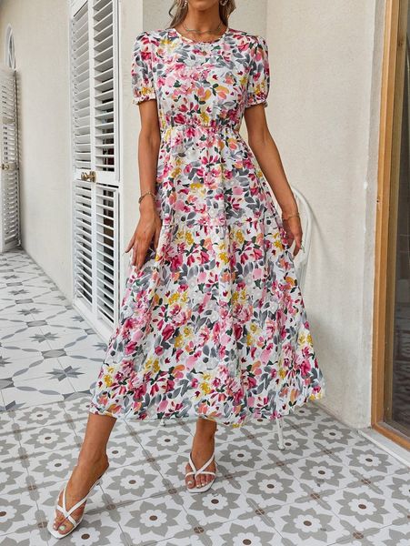 

allover floral print puff sleeve ruffle hem dress g2ty#, Black;gray