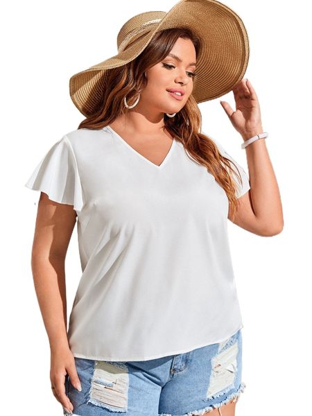

plus solid flutter sleeve blouse v9ya#, Black