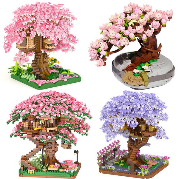 Mini Sakura Tree House Build Block City Street View Modelo de flor de cerejeira Blocos de construção DIY brinquedos para crianças brinquedo para presente 220726