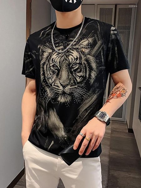 Erkek Tişörtler Bahar Erkekler Tiger Baskısı Sıradan T-Shirt Krop Slim Fit Street Giyim Tees Üstler Harajuku Diamonds Erkek O Boyun Tavşağı Mild22