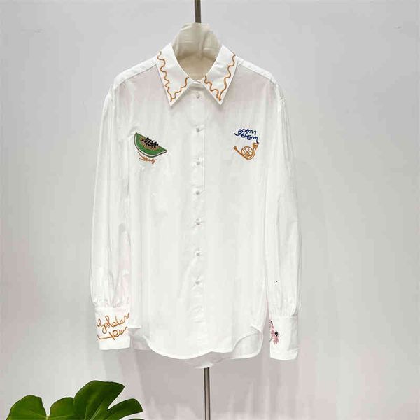

women's polos melon embroidered cotton long sleeve shirt loose top, White