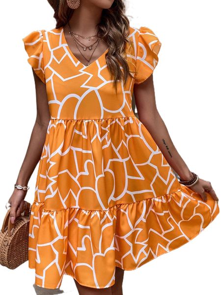 

allover print flutter sleeve ruffle hem smock dress 61zv#, Black;gray