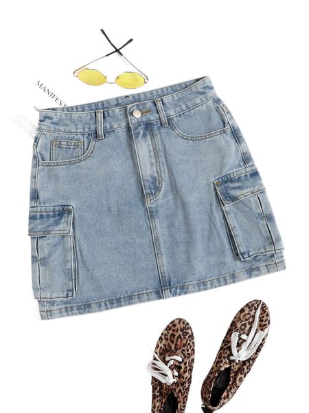 

flap pocket denim skirt o2cd#, Black