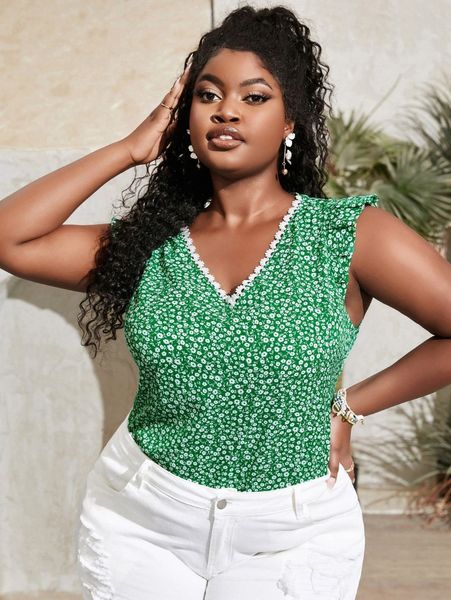 

sxy plus ditsy floral flutter sleeve guipure lace detail blouse 51ck#, Black