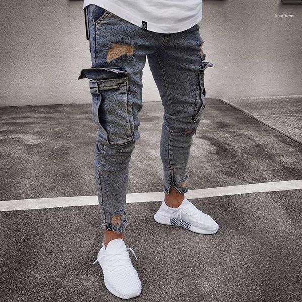 Multi bolso masculino rasgado jeans magros destruído desgastado fino ajuste denim calça casual buraco zíper nostálgico azul calças77ol77ol