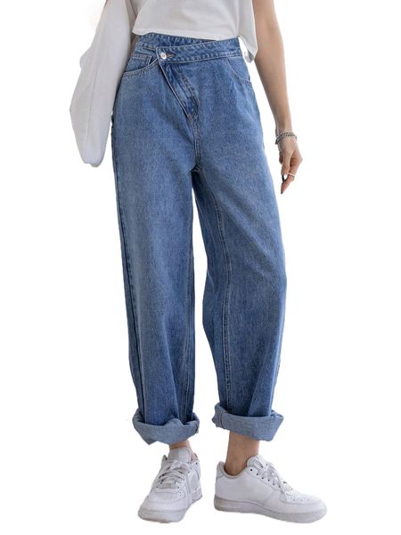 

dazy asymmetrical waist straight leg jeans b9wp#, Blue