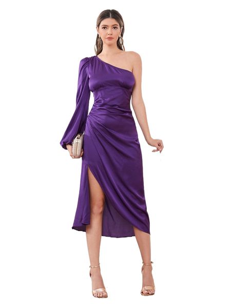 

one shoulder bishop sleeve satin dress w5mm#, Black;gray