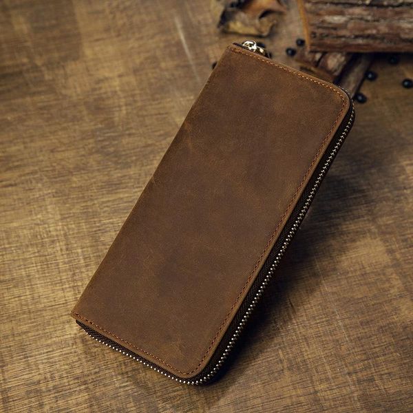 Cüzdanlar el yapımı cowhide uzun fermuar çılgın at deri cüzdan basit gençlik çanta erkekler retro retro rahat cep telefonu bagwallets