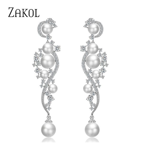 

zakol vintage pearls wedding party jewelry luxury gorgeous cubic zirconia big long dangle bridal earrings for women ep2272 220718, Silver
