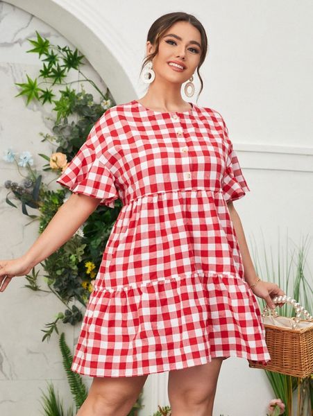

plus gingham bell cuff ruffle hem dress g7pa#, Black