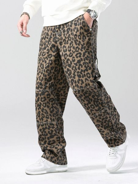 

men leopard print strap detail straight leg jeans j2yz#, Blue