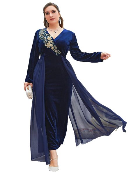 

plus velvet plant embroidery contrast chiffon maxi dress j1bg#, Black