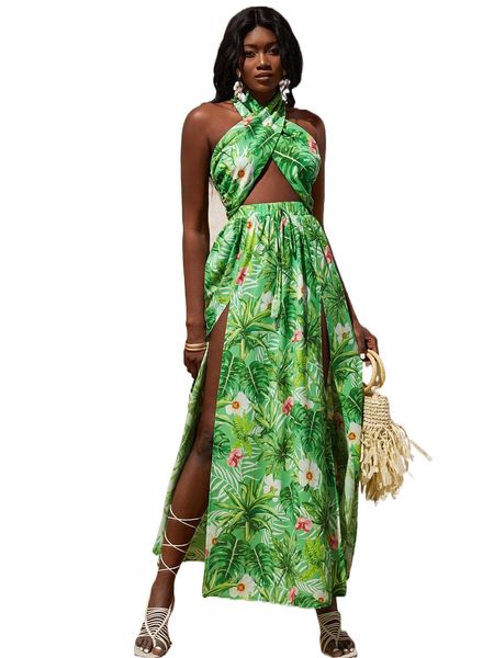 

tropical print tied backless crop & split thigh skirt set w25r#, White