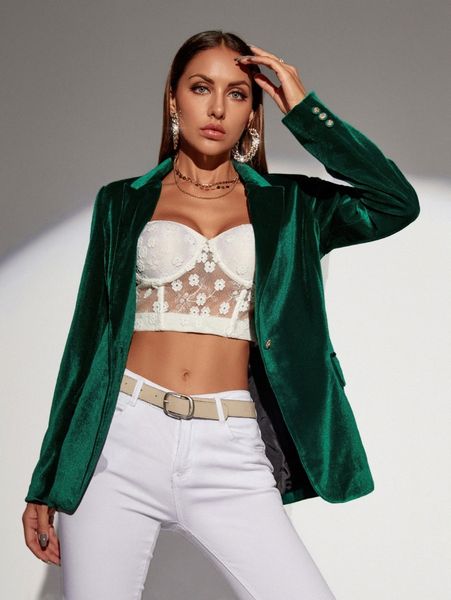 

solid single button velvet blazer 864j#, White