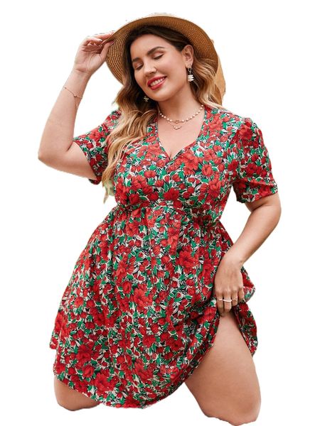 

plus allover floral print puff sleeve dress h1sy#, Black