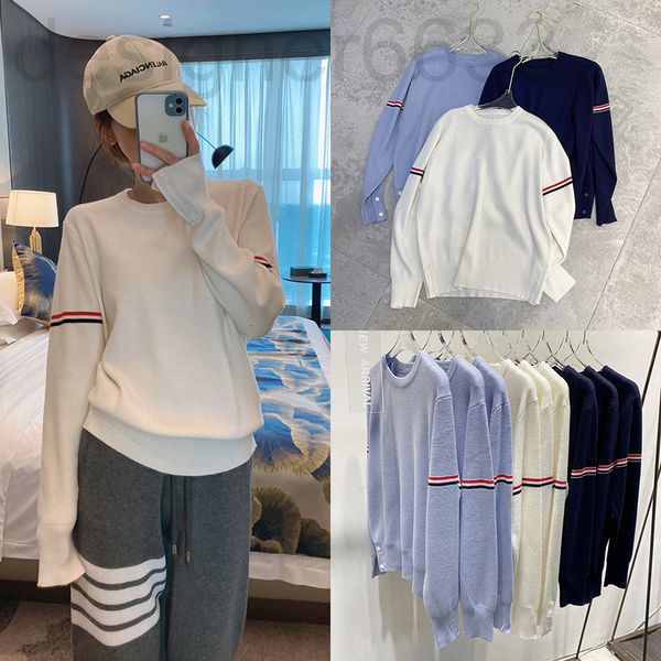 

women's knits & tees designer white blue tb college style clean color wool knitted cardigan double sleeve tricolor stripe couple round