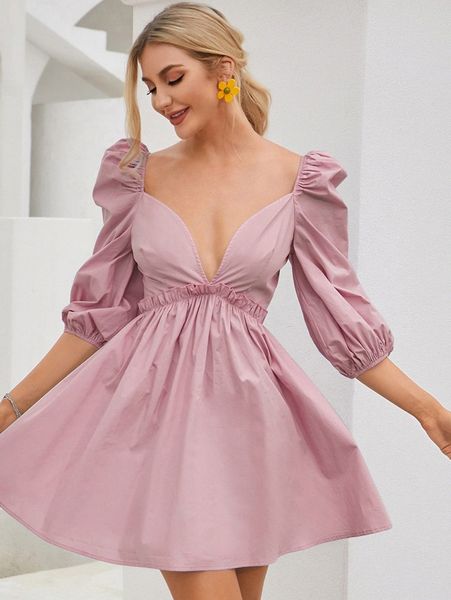 

double crazy plunging neck frill trim puff sleeve dress k53l#, Black;gray