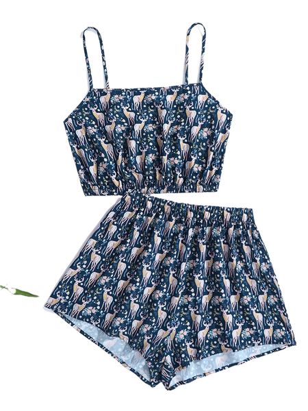 

x pati paints floral & deer print pj set j59d#, Black;red
